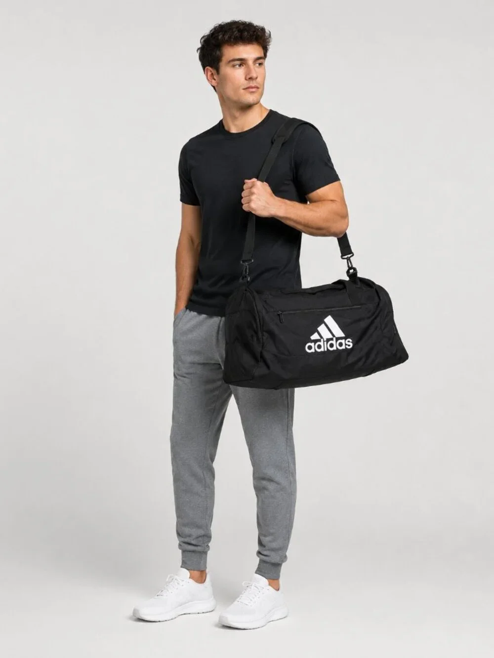 adidas Black Performance Duffel Gym Travel Bag Shoulder Strap Zip Pockets